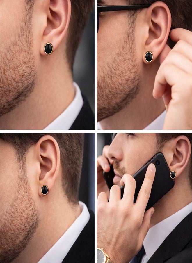 Utkarsh (1 Pair) Unisex Fancy & Stylish Stainless Steel Gold Plated Glossy Finish Elegant Black Round Greek Pattern Design Dumbbell/Barbell Stud Ear Piercing Earrings for Men & Women - Image 4
