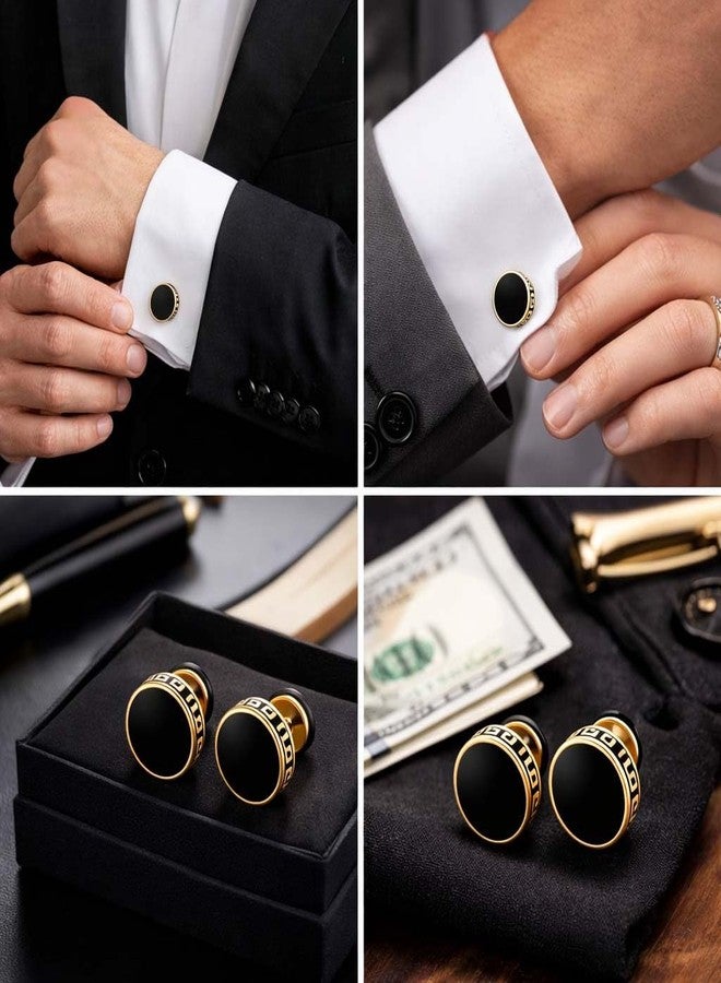 Utkarsh (1 Pair) Unisex Fancy & Stylish Stainless Steel Gold Plated Glossy Finish Elegant Black Round Greek Pattern Design Dumbbell/Barbell Stud Ear Piercing Earrings for Men & Women - Image 5
