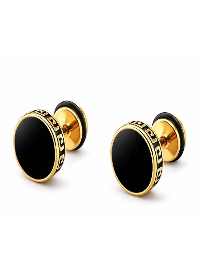 Utkarsh (1 Pair) Unisex Fancy & Stylish Stainless Steel Gold Plated Glossy Finish Elegant Black Round Greek Pattern Design Dumbbell/Barbell Stud Ear Piercing Earrings for Men & Women - Image 1