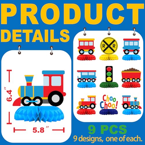 BonBeeDesign 9 Pack Train Table Decorations Train Party Decorations for Kids Birthday and Baby Shower Train Table Toppers - Image 5