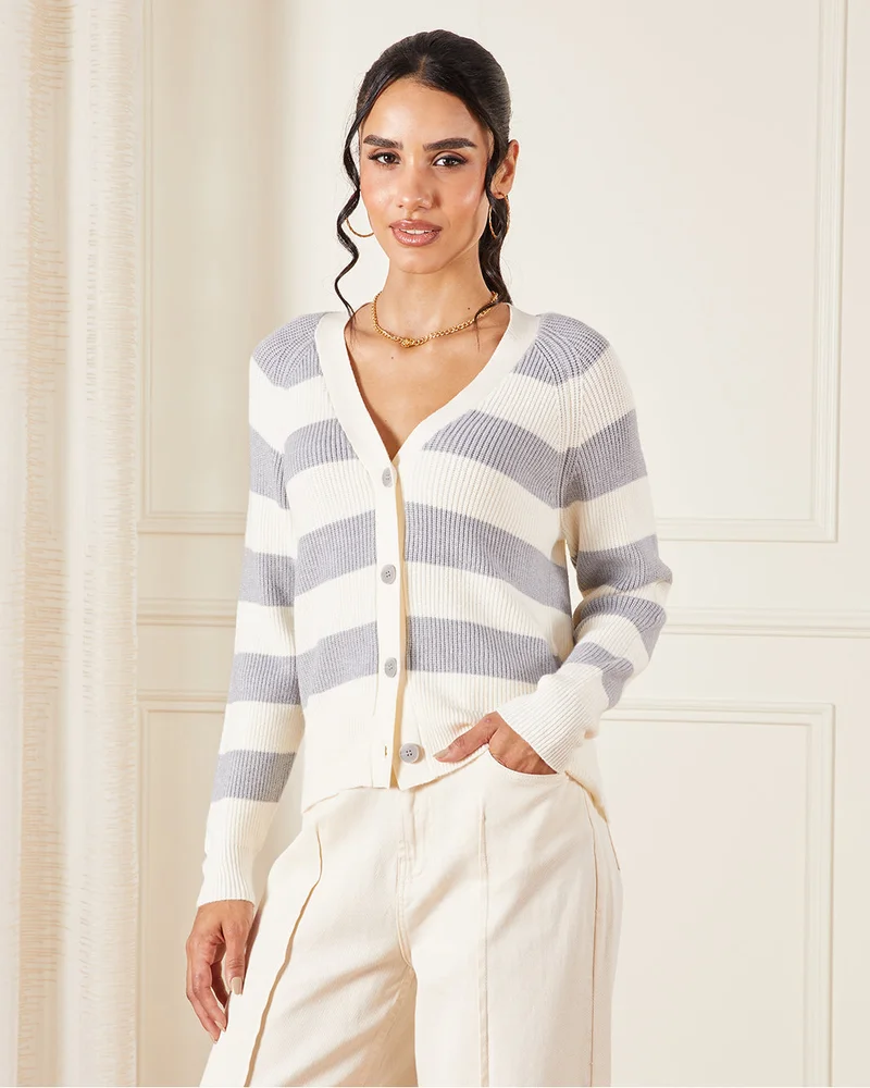 Redtag Women Cream And Grey Striped Cardigan