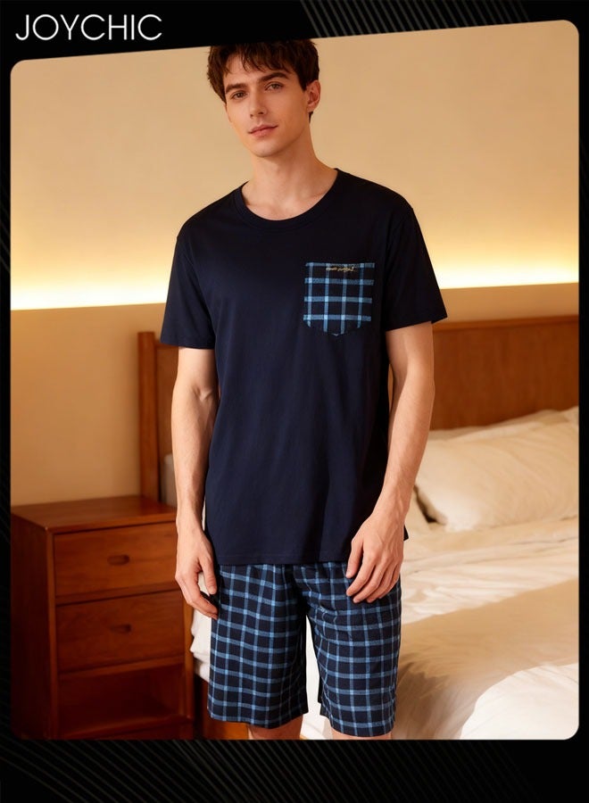 Joychic 2-piece Men Summer Modal Cotton Silk Pajama Set  Lattice Pattern Skin-friendly Breathable Home Sleepwear for Teenagers Men - Image 1
