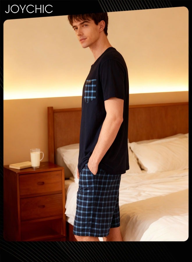 Joychic 2-piece Men Summer Modal Cotton Silk Pajama Set  Lattice Pattern Skin-friendly Breathable Home Sleepwear for Teenagers Men - Image 2