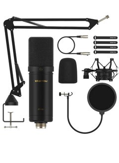 ZY-CA1  XLR Condenser Microphone, Cardioid Studio Recording Mic Kit with Boom Arm, Shock Mount, Pop Filter, Windscreen and Cable Ties for Podcast, Voice Over, Vocal, Streaming, YouTube,  (Black)