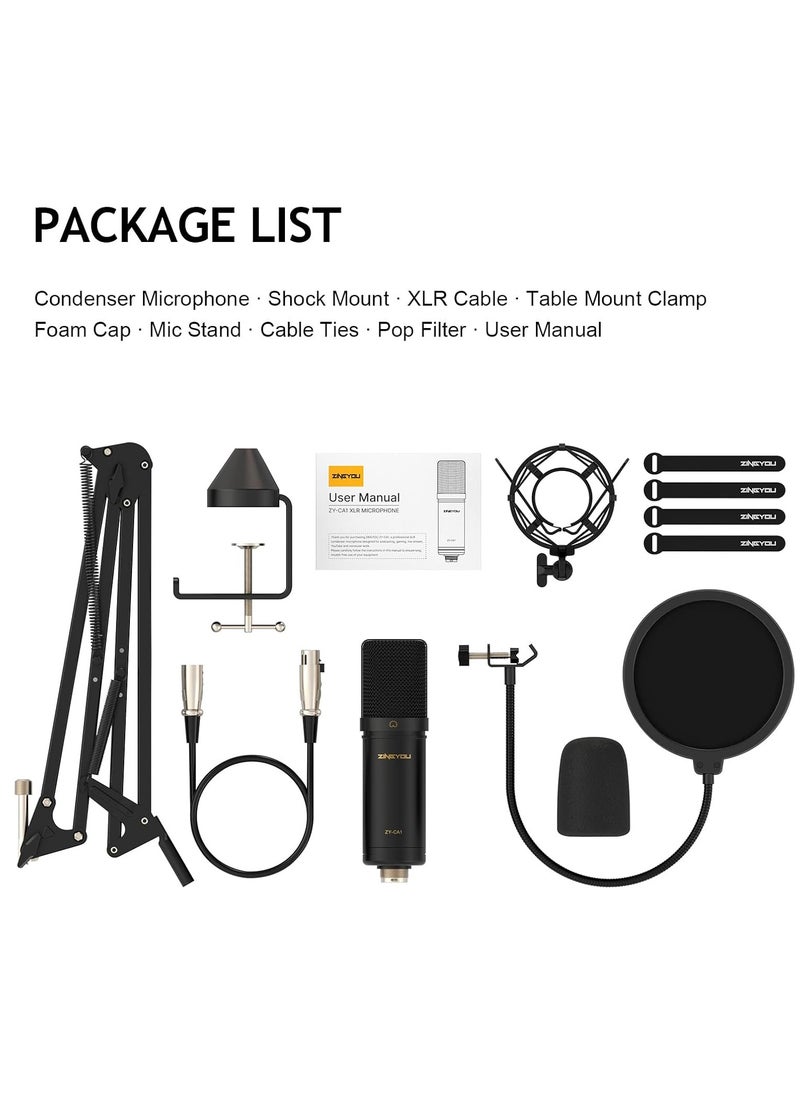 ZINGYOU - ZY-CA1  XLR Condenser Microphone, Cardioid Studio Recording Mic Kit with Boom Arm, Shock Mount, Pop Filter, Windscreen and Cable Ties for Podcast, Voice Over, Vocal, Streaming, YouTube,  (Black) - Image 1