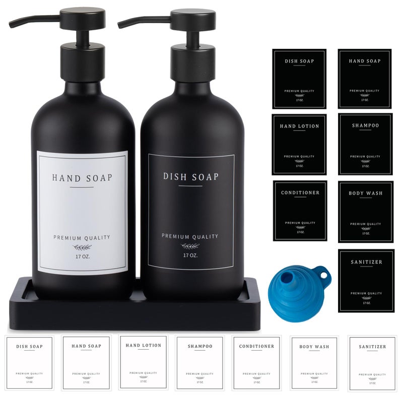 Black Soap Dispenser  Kitchen Hand Dish Soap Dispenser Glass Bathroom Soap Lotion Dispenser with Tray Dishwashing Liquid Dispenser 14 Stickers Black BottleBlack Pumppd