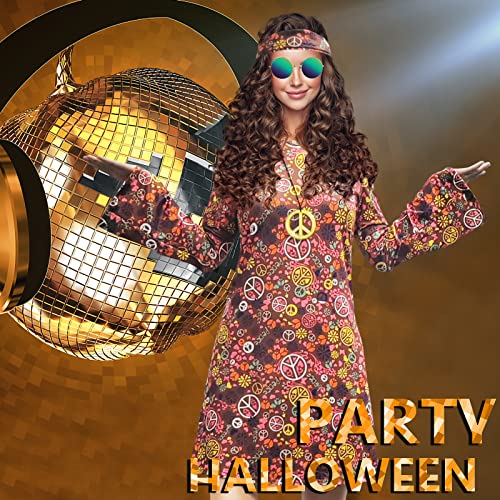 MRYUWB 70s Hippie Dress Costumes Necklace Earrings Sunglass Women Disco Outfit, 60s Party Costume, Halloween Retro Dresses (Brown, XXL) - Image 3