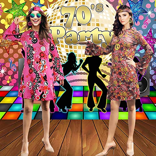 MRYUWB 70s Hippie Dress Costumes Necklace Earrings Sunglass Women Disco Outfit, 60s Party Costume, Halloween Retro Dresses (Brown, XXL) - Image 2