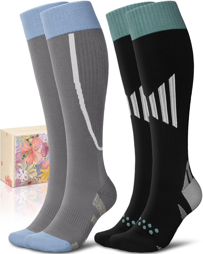 CTHH Thick Cotton Compression Socks for Women 8-15mmHg Cute Knee High Socks Support for Running, Travel, Nurse, Pregnancy, Black/Dark Grey, One size - Image 1