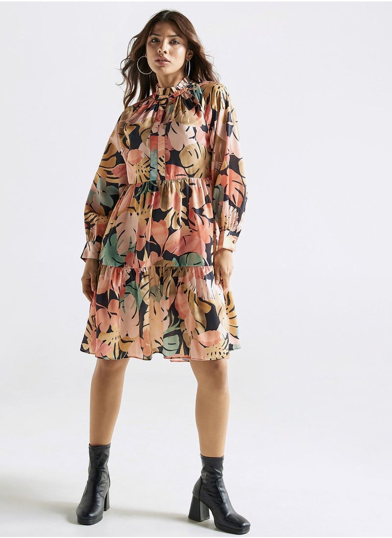 FAV - Floral Print High Neck Tiered Dress - Image 1