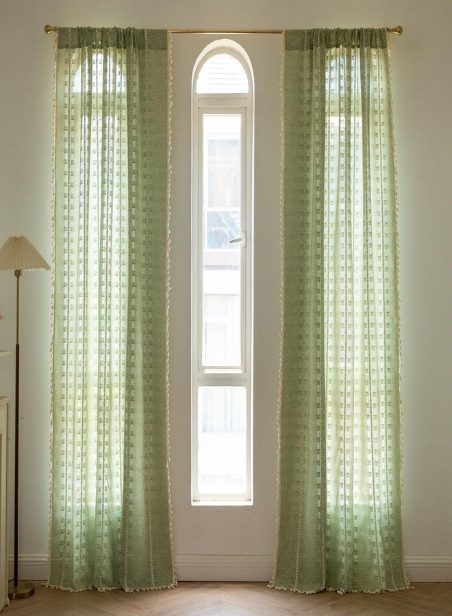 BCLBUSTE Sage Green Linen Boho Curtains 84 inch Long 2 Panels for Bedroom Living Room, Vintage Embroidered Striped Semi Sheer Farmhouse Light Filtering Drapes Privacy Casual Neutral Country Decor,W52xL84 - Image 3