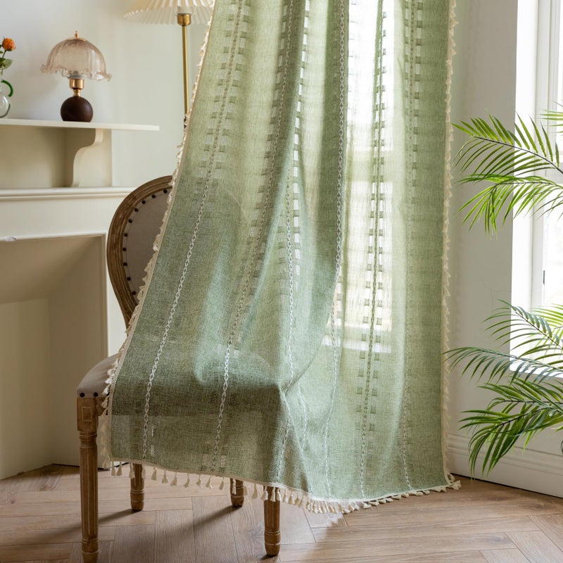 BCLBUSTE Sage Green Linen Boho Curtains 84 inch Long 2 Panels for Bedroom Living Room, Vintage Embroidered Striped Semi Sheer Farmhouse Light Filtering Drapes Privacy Casual Neutral Country Decor,W52xL84 - Image 1