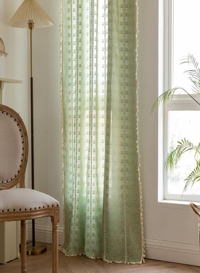 BCLBUSTE Sage Green Linen Boho Curtains 84 inch Long 2 Panels for Bedroom Living Room, Vintage Embroidered Striped Semi Sheer Farmhouse Light Filtering Drapes Privacy Casual Neutral Country Decor,W52xL84 - Image 2
