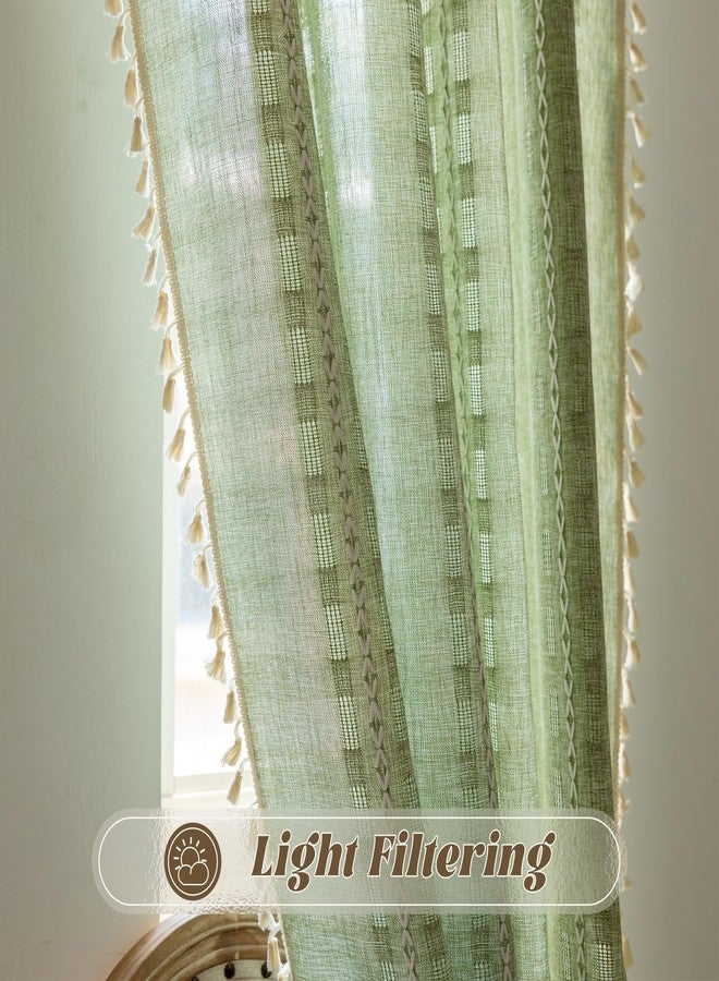 BCLBUSTE Sage Green Linen Boho Curtains 84 inch Long 2 Panels for Bedroom Living Room, Vintage Embroidered Striped Semi Sheer Farmhouse Light Filtering Drapes Privacy Casual Neutral Country Decor,W52xL84 - Image 5