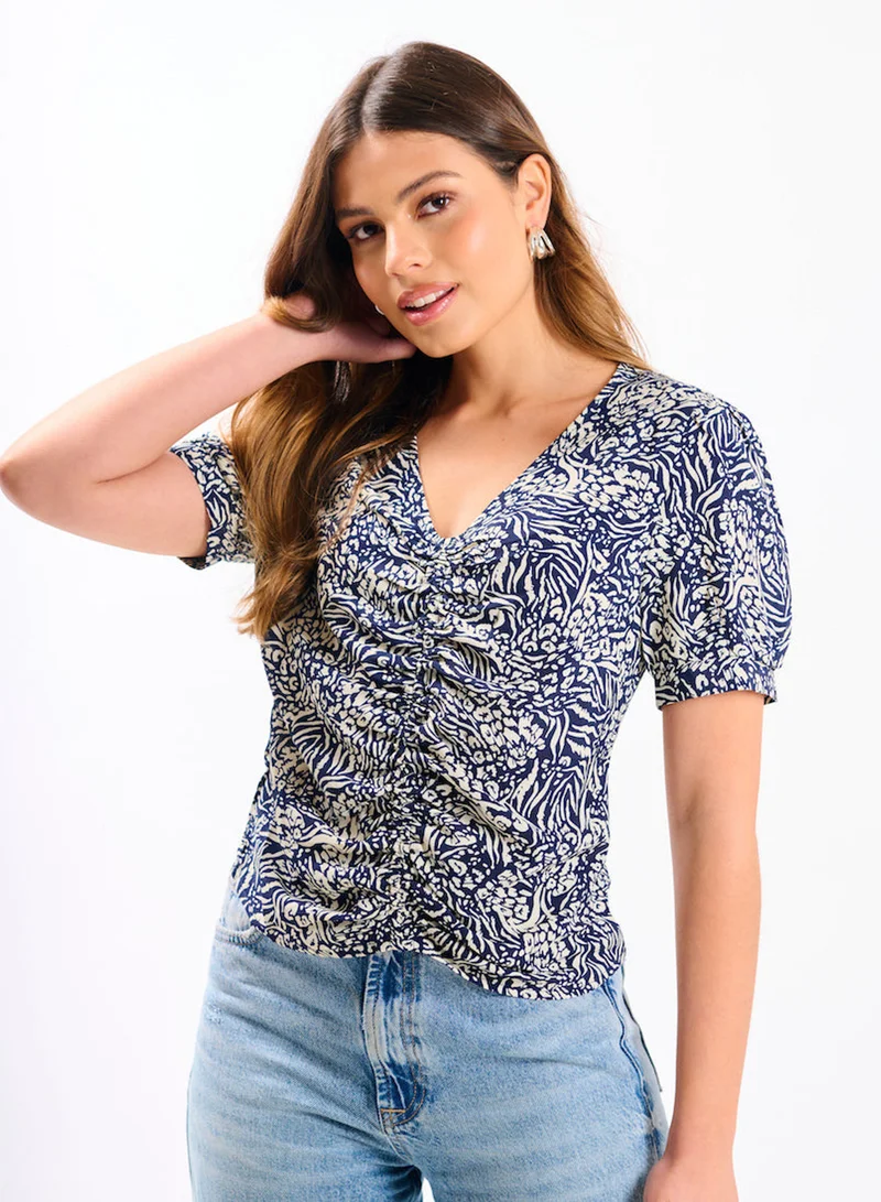 Navy Animal Printed Ruched Top