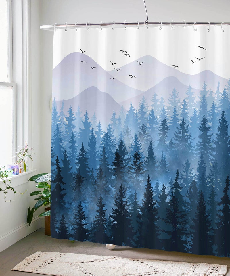 Accnicc 84 Inch Blue Misty Forest Shower Curtain Set Ombre Navy Blue White Waterproof Fabric Shower Curtains Nature Tree Mountain Woodland Decorative Bathroom Bath Curtain Decor (Blue  72'' ? 84'') - Image 4