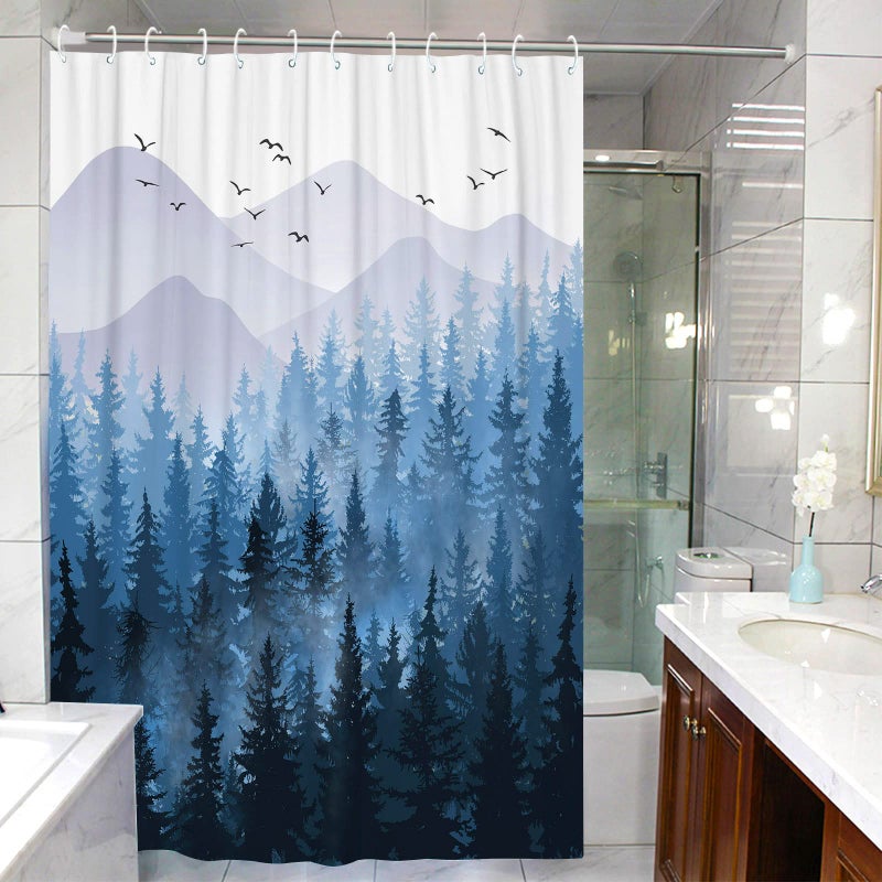 Accnicc 84 Inch Blue Misty Forest Shower Curtain Set Ombre Navy Blue White Waterproof Fabric Shower Curtains Nature Tree Mountain Woodland Decorative Bathroom Bath Curtain Decor (Blue  72'' ? 84'') - Image 5