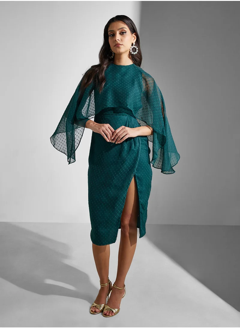 Amelia Rose Flared Sleeve Pencil Midi Dress