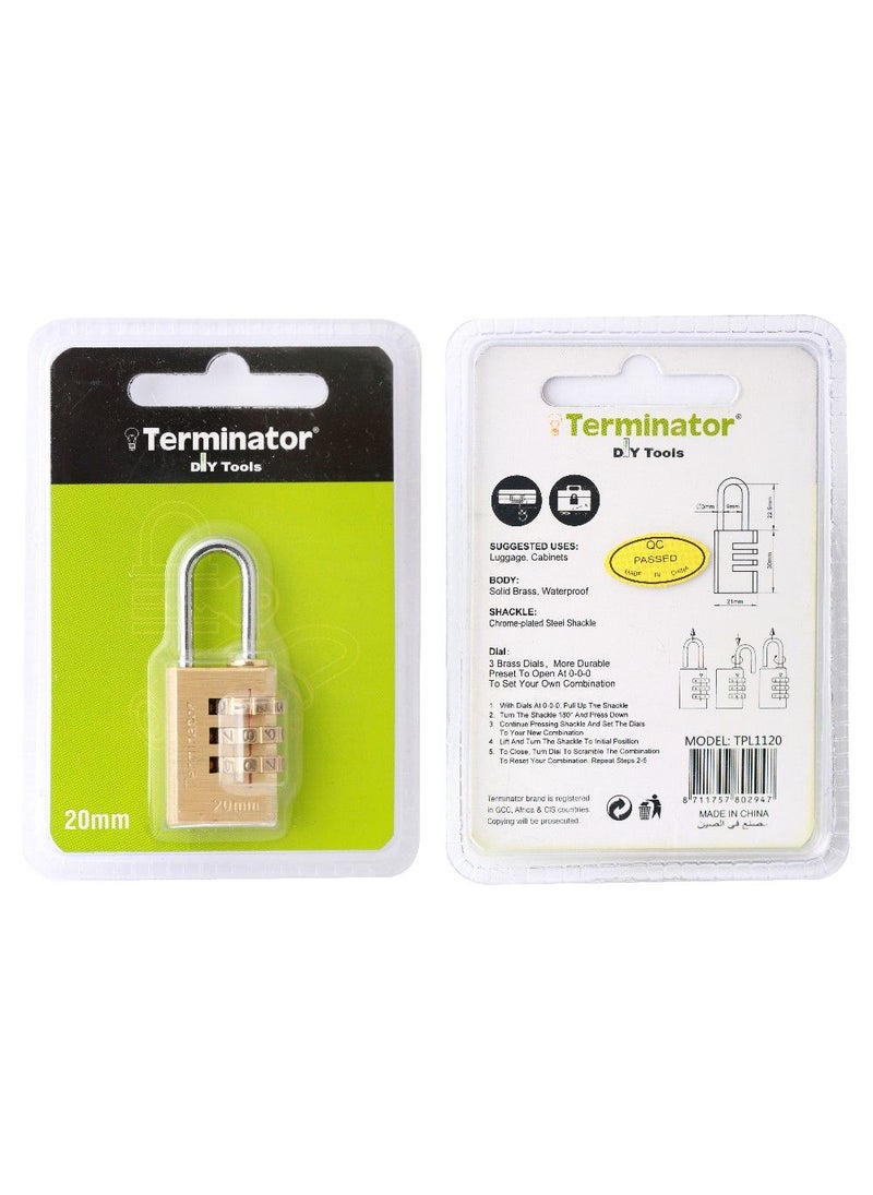 Terminator Terminator Brand Brass Combination Pad Lock 20Mm  - Image 1