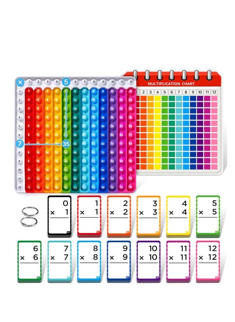 JoyCat Multiplication Flash Cards + Pop Fidget Chart- 156 Hole Punched Math Game Flash Cards for Kids Ages 8 and Up, Times Table Multiplication Flash Cards