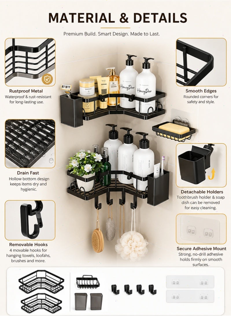 Topyich 2-Pack Corner Shower Caddy Organizer Set, Rustproof Bathroom Shelves with Soap Holder, Toothbrush Holders & 4 Hooks, No-Drill Adhesive Wall Mounted Shower Storage Rack - Image 4