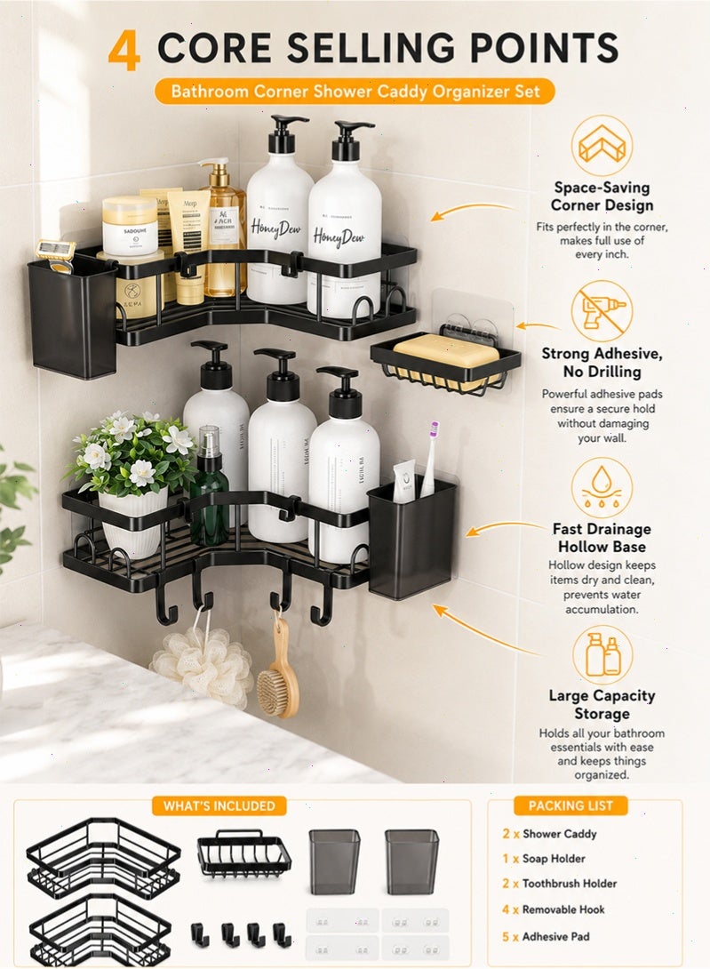 Topyich 2-Pack Corner Shower Caddy Organizer Set, Rustproof Bathroom Shelves with Soap Holder, Toothbrush Holders & 4 Hooks, No-Drill Adhesive Wall Mounted Shower Storage Rack - Image 3
