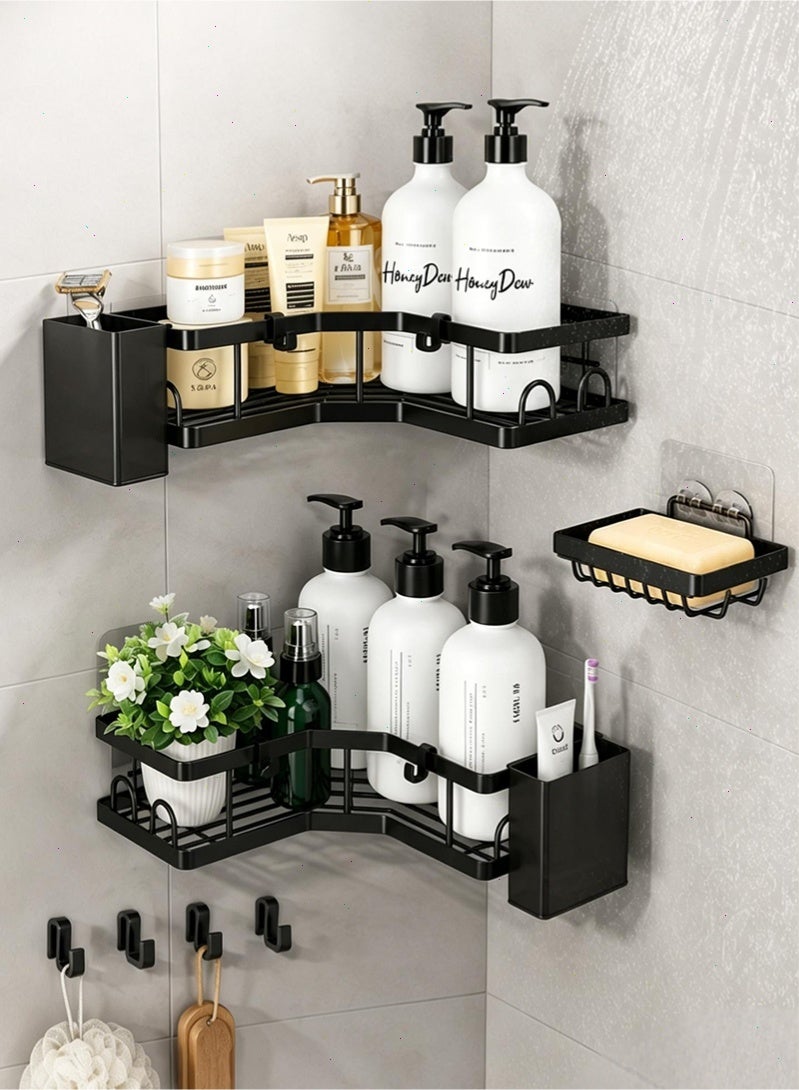 Topyich 2-Pack Corner Shower Caddy Organizer Set, Rustproof Bathroom Shelves with Soap Holder, Toothbrush Holders & 4 Hooks, No-Drill Adhesive Wall Mounted Shower Storage Rack - Image 1