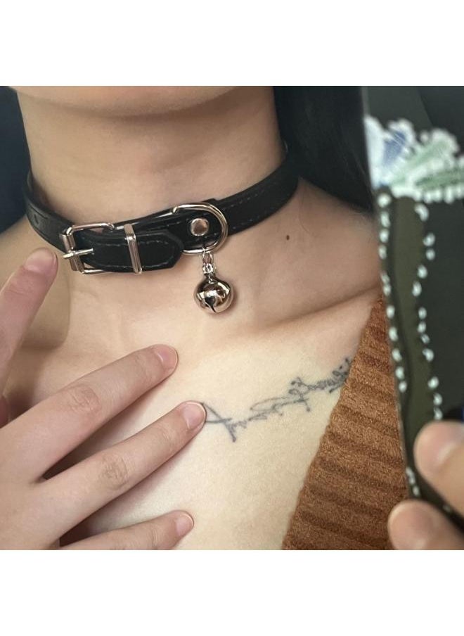 NIBEMINENT Black Choker Leather Collar Bell Necklace Short Niche Chocker Puppy Traction Rope 