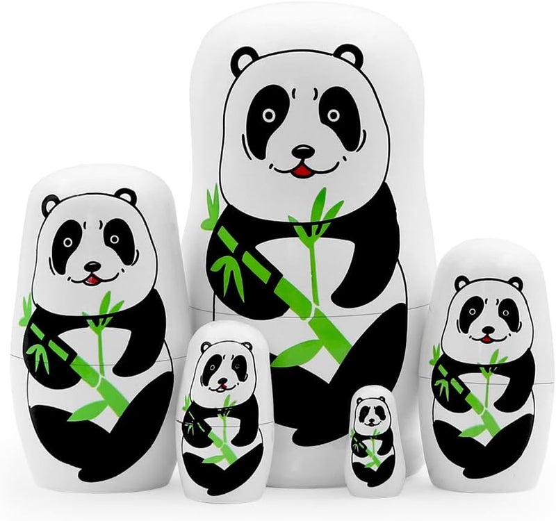 Winterworm 5 Pieces Panda with Bamboo Nesting Dolls Black and White Panda Wooden Matryoshka Dolls Animal Russian Nesting Doll Kids Boys Girls Stacking Toy Gift for Baby Shower Christmas Birthday  - Image 1