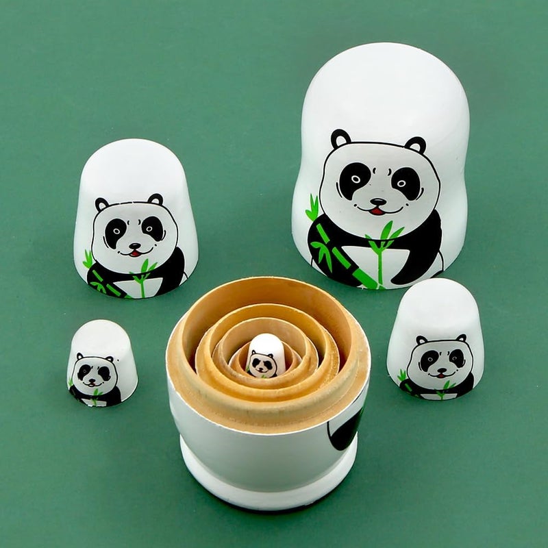 Winterworm 5 Pieces Panda with Bamboo Nesting Dolls Black and White Panda Wooden Matryoshka Dolls Animal Russian Nesting Doll Kids Boys Girls Stacking Toy Gift for Baby Shower Christmas Birthday  - Image 4