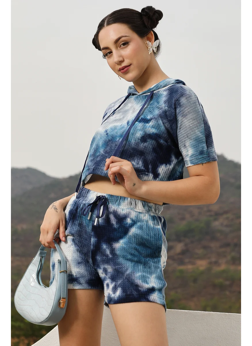 Campus Sutra Women's Navy Blue Waffle-Textured Cropped Co-Ord Set