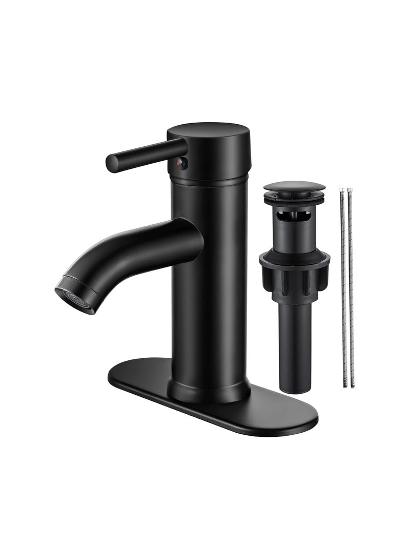 Bukela Black Bathroom Faucet, Single Hole Bathroom Sink Faucet, Matte Black Single Handle Vanity Basin Faucet Modern Farmhouse RV Bathroom Faucet with Pop-up Drain for 1 Hole or 3 Holes (Black, Short) - Image 1