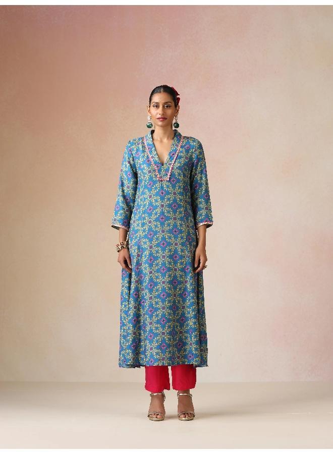 trueBrowns Blue Lime Jaal Print Viscose A-line Kurta Set - Image 2