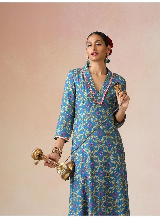 trueBrowns Blue Lime Jaal Print Viscose A-line Kurta Set - Image 4