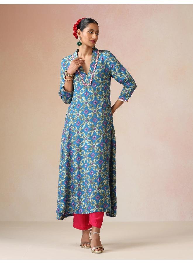 trueBrowns Blue Lime Jaal Print Viscose A-line Kurta Set - Image 1