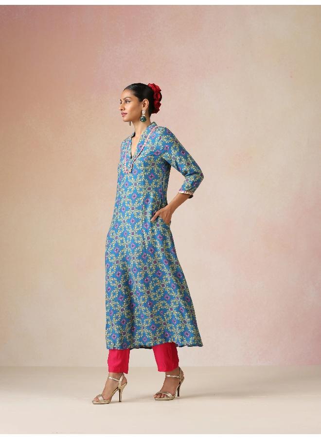 trueBrowns Blue Lime Jaal Print Viscose A-line Kurta Set - Image 3