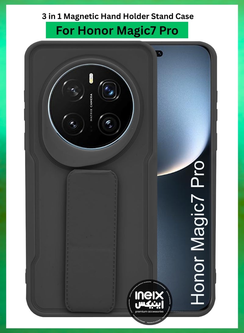Hard Silicone Magnetic Back Stand Case With Foldable Kickstand & Finger Strap For Honor Magic 7 Pro- Black