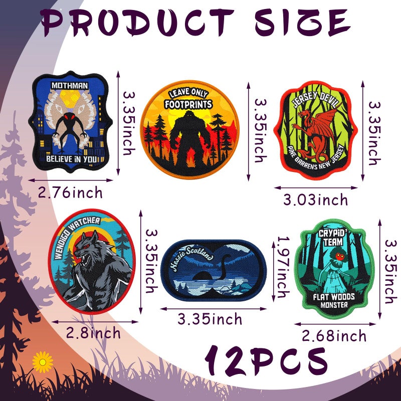 Tegeme 12 Pcs Cryptid Patches Gift Funny Cryptid Bigfoot Iron on Patch Mothman Loch Ness Monster Jersey Devil Flatwoods Monster Decor for Xmas Creatures Lovers Party Favors - Image 3