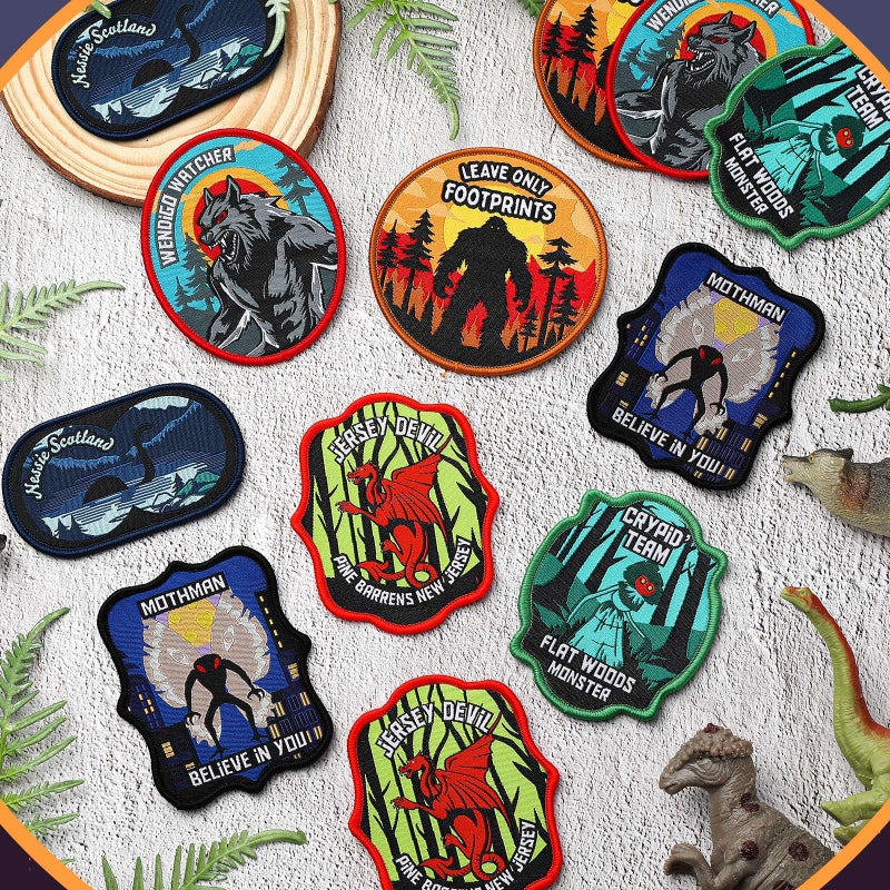 Tegeme 12 Pcs Cryptid Patches Gift Funny Cryptid Bigfoot Iron on Patch Mothman Loch Ness Monster Jersey Devil Flatwoods Monster Decor for Xmas Creatures Lovers Party Favors - Image 2