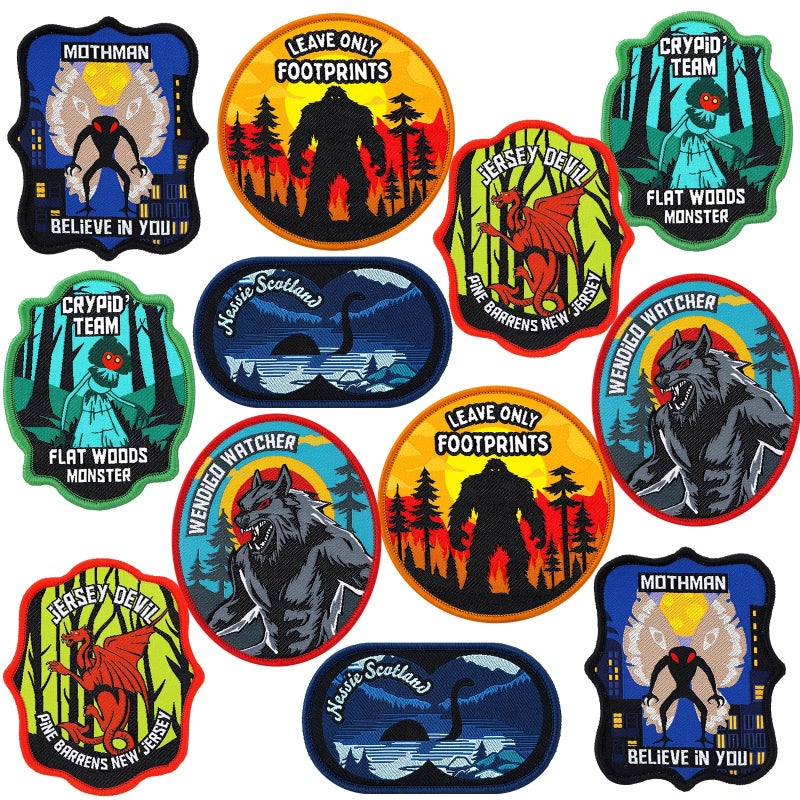 Tegeme 12 Pcs Cryptid Patches Gift Funny Cryptid Bigfoot Iron on Patch Mothman Loch Ness Monster Jersey Devil Flatwoods Monster Decor for Xmas Creatures Lovers Party Favors - Image 1