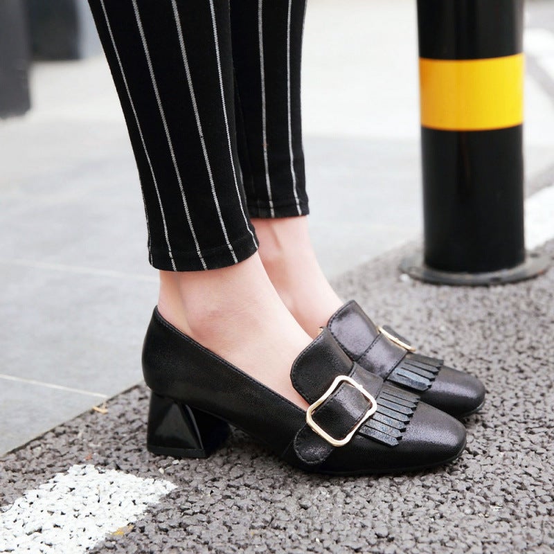 New British Style White Shoes Belt Buckle Tassel Square Toe Flats Thick Heel Medium Heel Professional Shoes 31-43 Export Shoes - Image 5