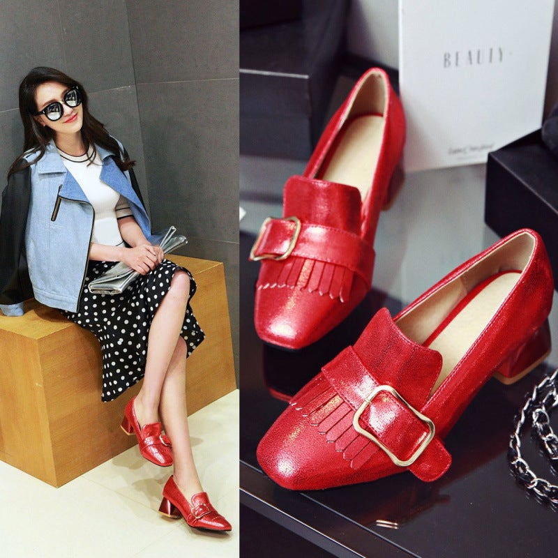 New British Style White Shoes Belt Buckle Tassel Square Toe Flats Thick Heel Medium Heel Professional Shoes 31-43 Export Shoes - Image 2