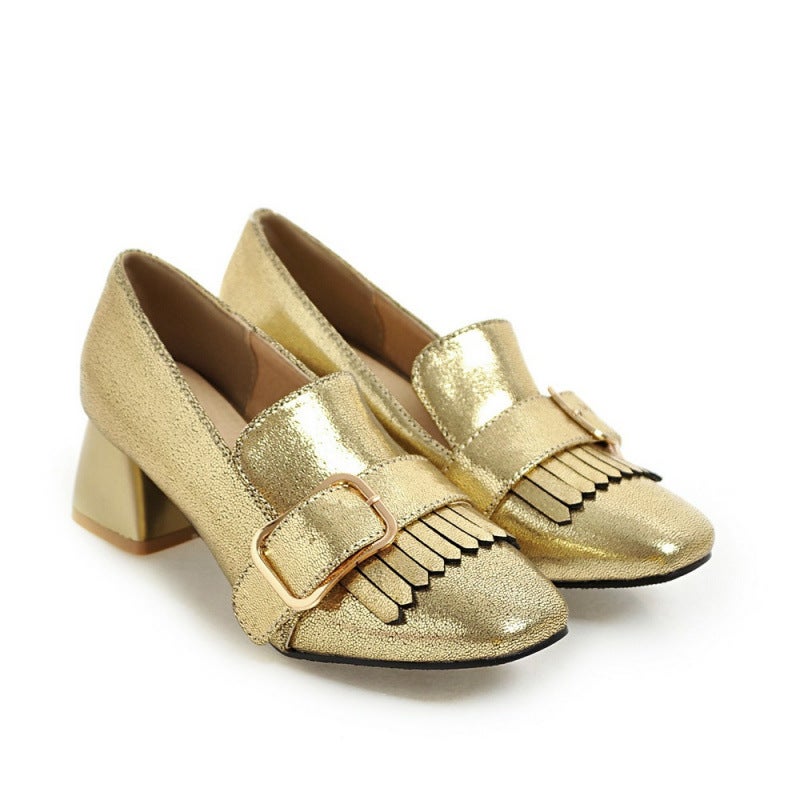 New British Style White Shoes Belt Buckle Tassel Square Toe Flats Thick Heel Medium Heel Professional Shoes 31-43 Export Shoes - Image 1