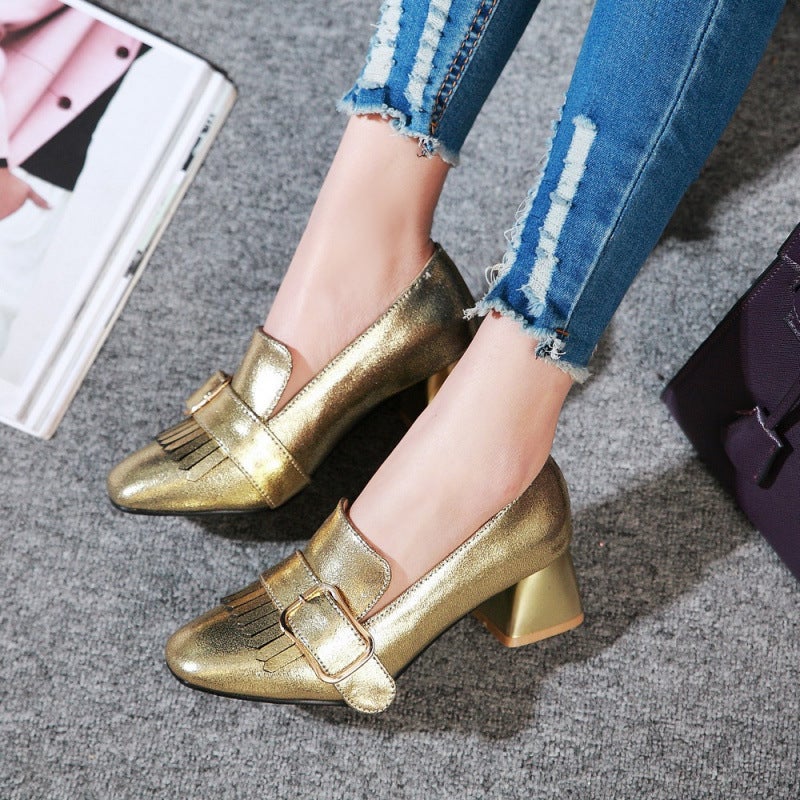 New British Style White Shoes Belt Buckle Tassel Square Toe Flats Thick Heel Medium Heel Professional Shoes 31-43 Export Shoes - Image 3