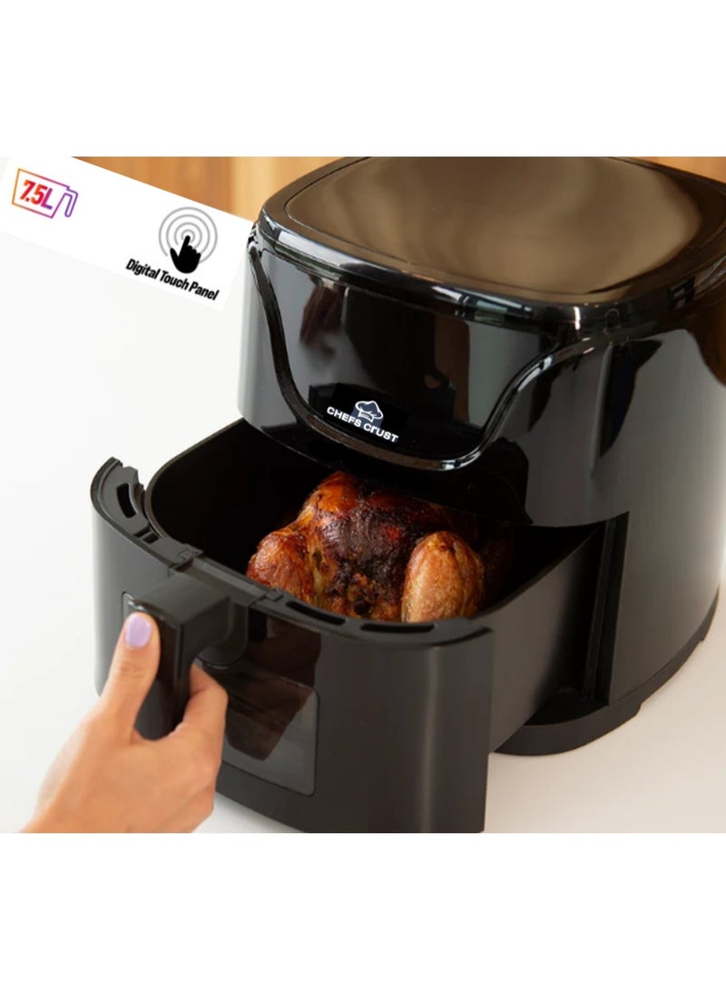 قشرة الطهاة مقلاة هوائية سعة 7.5 لتر، شاشة لمس LED مع نافذة زجاجية، تحكم رقمي في درجة الحرارة، مؤقت 60 دقيقة، سعة عائلية، طهي بدون زيت، 2000 واط، أسود فضي - Image 1