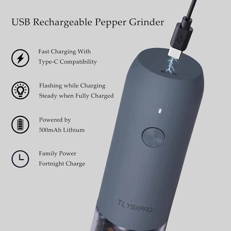 مطحنة ملح وفلفل كهربائية، قابلة للشحن عبر USB، رجاجة ملح وفلفل أوتوماتيكية، خشونة قابلة للتعديل، مطحنة فلفل كهربائية، ضوء LED، قابلة لإعادة التعبئة، أداة مطبخ (عبوة واحدة، أزرق-رمادي) - Image 4