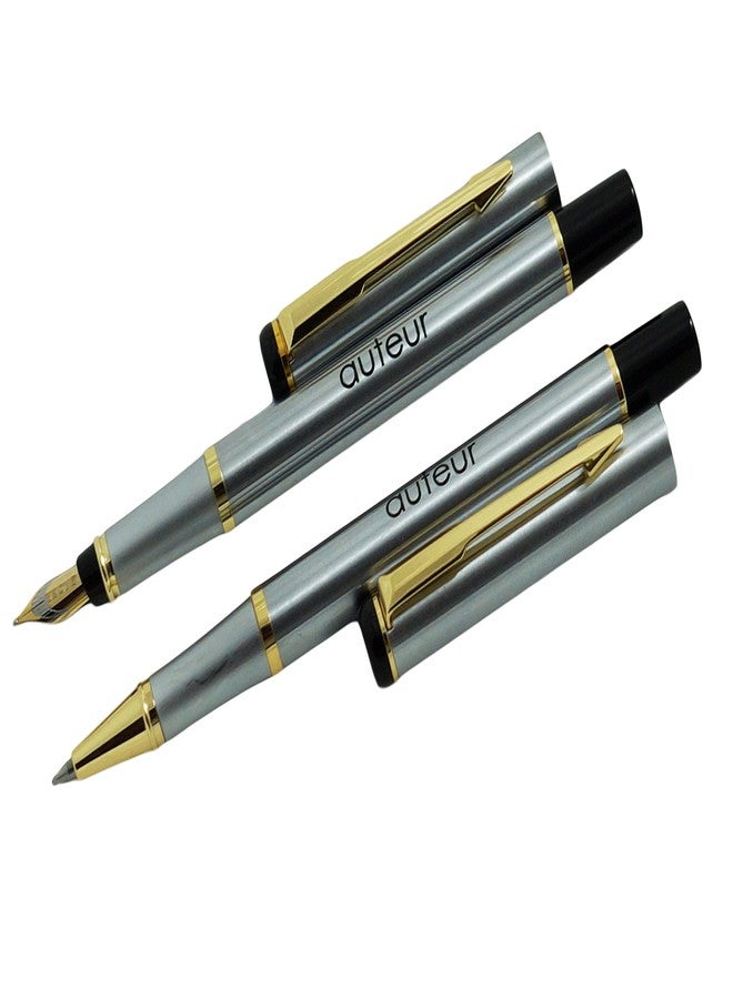 auteur 801 Chrome Finish Fountain Ink Pen & Roller Ball Pen With Golden Arrow Clip Stunning Luxury Best Pen Gift Set For Men & Women Professional Executive Office, Nice Pens - Image 1