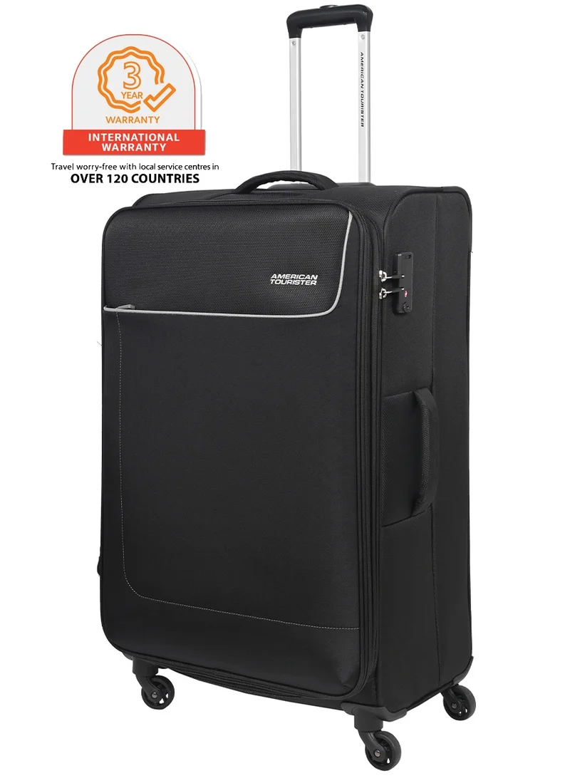 امريكان توريستر Jamaica Suitcase, Check-In Size 80 cm / 30 inch, 4 Spinner Wheels, Soft Top, 100% Polyester, Black|TSA Combination Lock|Expandable|Front Pocket Storage Compartment|Corner Guard|Retractable Aluminum Handle - 3 Years International Warranty
