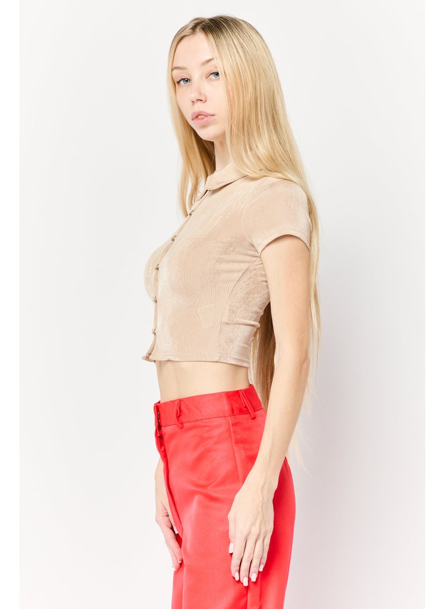 Divided by H&M Women Spread Collar Textured Blouse, Dark Beige  - Image 4