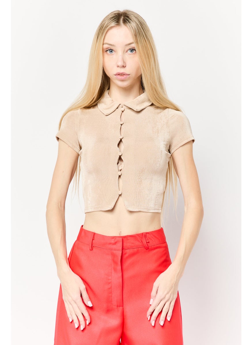 Divided by H&M Women Spread Collar Textured Blouse, Dark Beige  - Image 1
